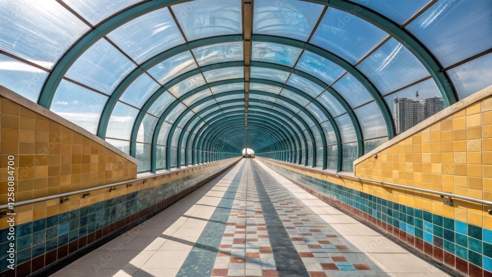 Poster a luxurious walk designed with a curved glass enclosure accented by a feature wall of contrasting ti