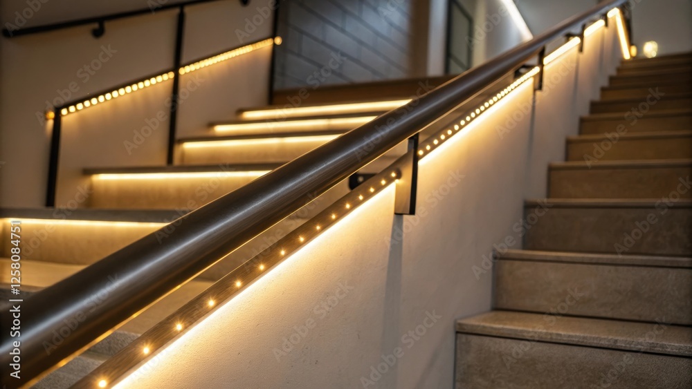 Poster a medium closeup captures the view of a handrail with integrated led strips casting a warm light dow
