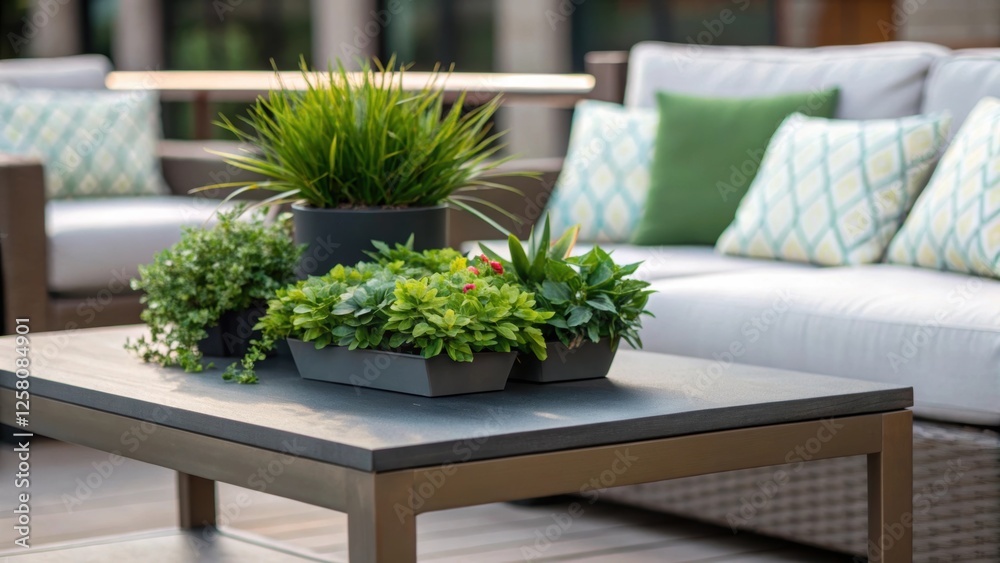 Poster a medium closeup capturing an outdoor coffee table topped with a vibrant array of potted plants high