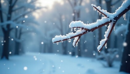Snowflakes gently fall on the frozen tree branch, icy, winter