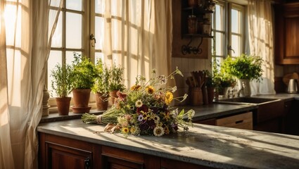 Fototapeta premium Bouquet of wildflowers with a bright mood on a kitchen counter with sunny window backdrop