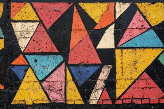 Wall decorated with colorful triangular shapes and black background