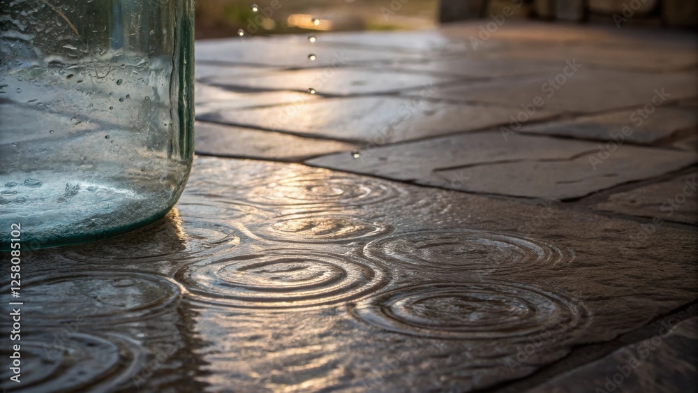 Poster a medium closeup capturing the interplay of water and light as it pours from a large ra onto a stone