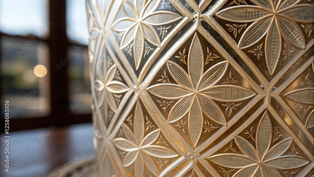Aufkleber A medium closeup capturing the intersecting patterns of the etched glass showcasing delicate geometric shapes that create a sense of depth and artistry.