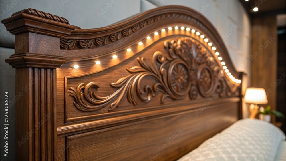 Poster a medium closeup capturing the intricate details of a beautifully designed wooden headboard illumina