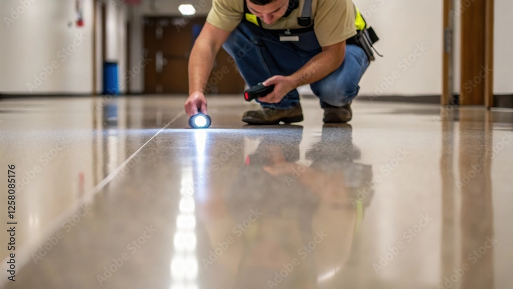 Poster a medium closeup capturing the moment a worker inspects the floors surface focusing on a small secti