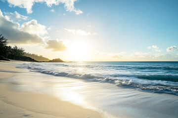 Fototapeta premium Beautiful Beach Sunset with Golden Sands and Ocean Waves - Perfect Vacation Destination