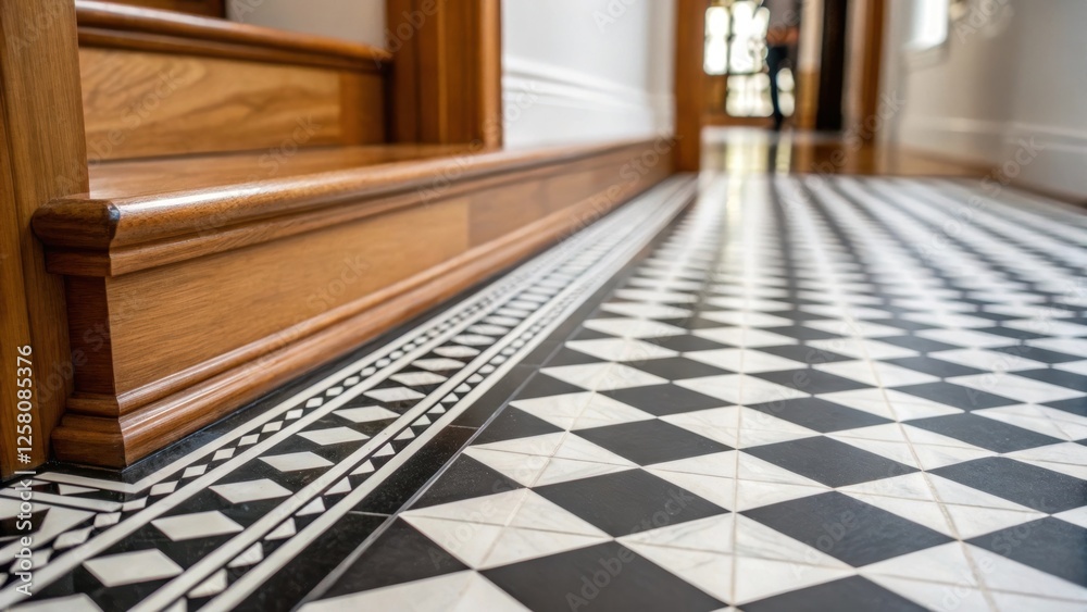 Poster a medium closeup capturing the seamless transition between a bold black and white geometric floor ti