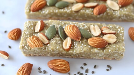 Fototapeta premium Delicious Homemade Energy Bars with Almonds, Pumpkin Seeds and Sesame Seeds