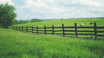 Fototapeta premium Tranquil countryside scene with cows grazing in lush green meadow