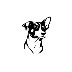 Minimalist black and white illustration of a dog's head, facing right, with expressive eyes, perfect for logo.