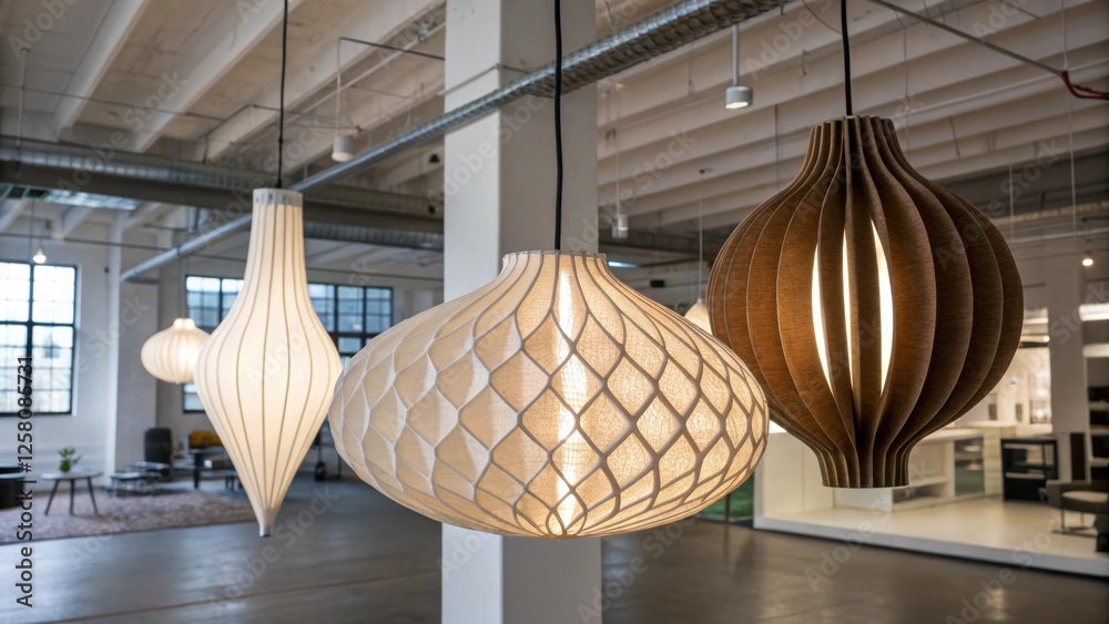 Poster a medium closeup featuring a trio of oversized sculptural lights emphasizing their artistic forms an