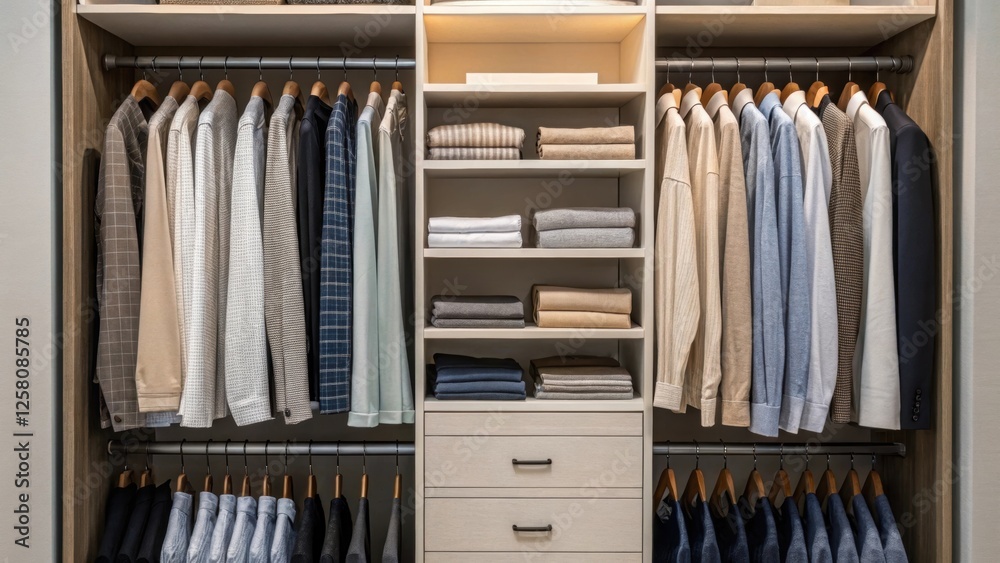 Poster A medium closeup featuring a section of the closet with adjustable shelving where clothes of various lengths are neatly organized demonstrating functionality and adaptability.