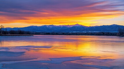 Fototapeta premium A peaceful sunrise over snow-capped mountains, casting vibrant colors onto the icy lake below, capturing early morning tranquility.