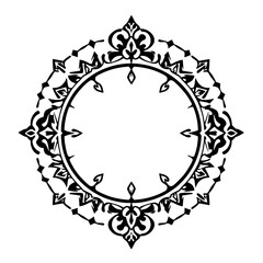 Black and white symmetrical ornate circular frame in a vintage aesthetic, centered with white background.