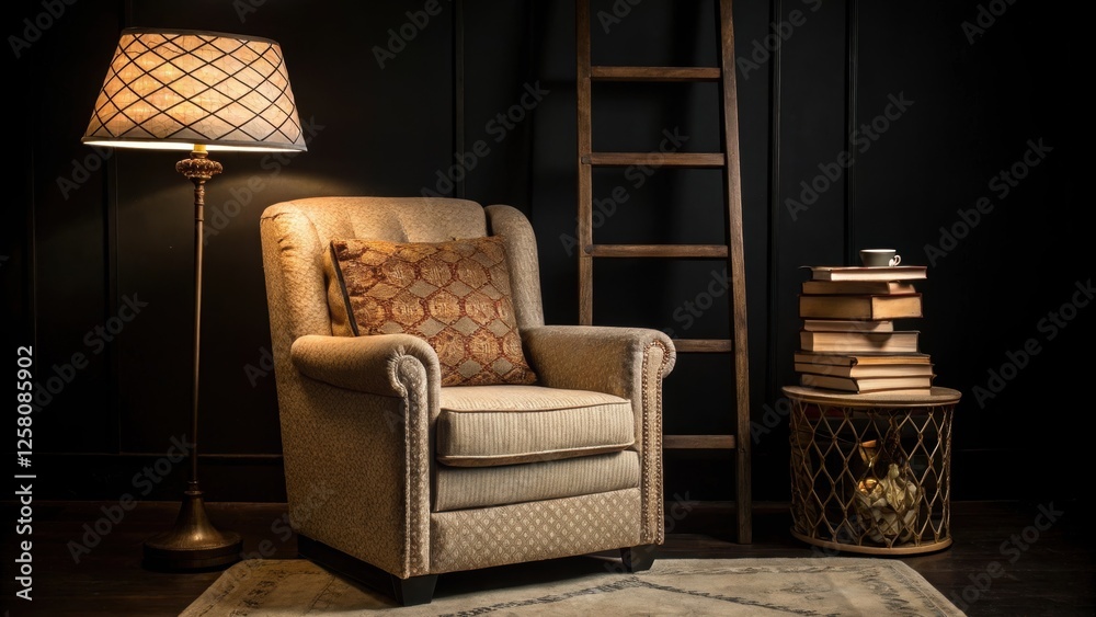Aufkleber A medium closeup focusing on a cozy reading nook adjacent to the ladder displaying a plush armchair and a small side table stacked with books illuminated by a decorative floor