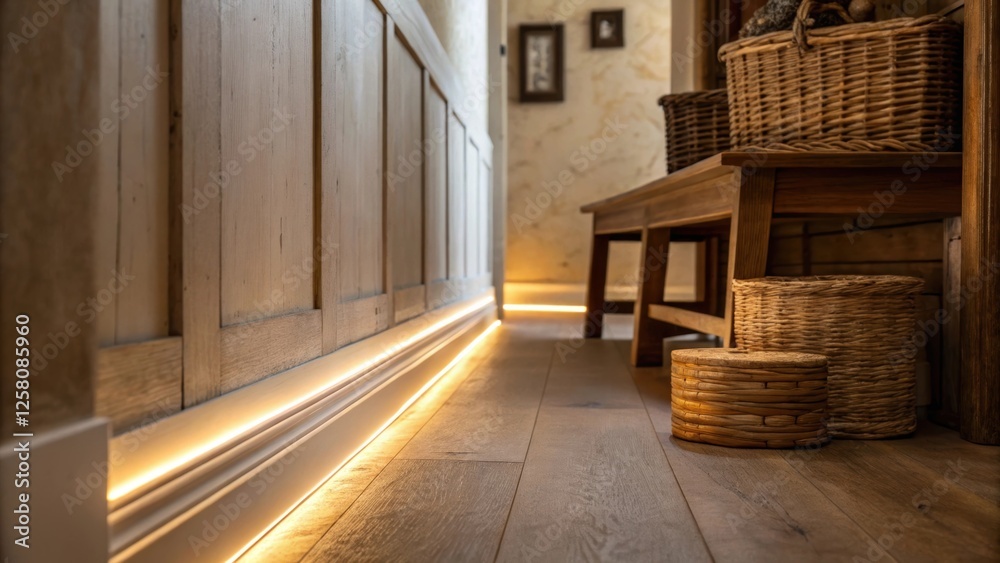 Poster a medium closeup focusing on an illuminated skirting board in a rustic hallway where the warm light 