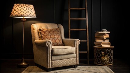 A medium closeup focusing on a cozy reading nook adjacent to the ladder displaying a plush armchair and a small side table stacked with books illuminated by a decorative floor