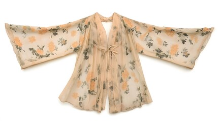 Elegant Beige Floral Kimono Jacket Sheer Dress AI Art