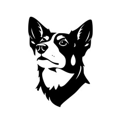 Black-and-white minimal portrait of a dog, showing the head, featuring sharp lines, sharp shadows, and a stark contrast.