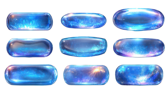 Colorful cosmic glass buttons with a galaxy effect, suitable for web design and digital interfaces