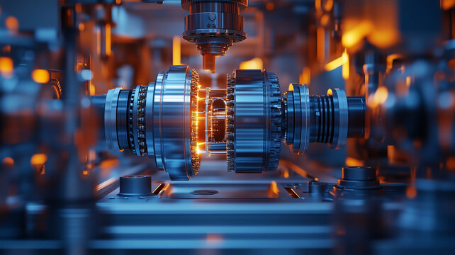 close up view of advanced machinery in factory, showcasing intricate gears and components illuminated by warm lighting, highlighting precision of industrial technology