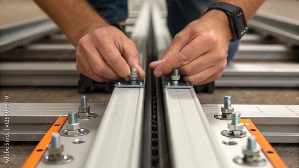 Leinwandbilder a medium closeup focusing on a workers hands tightening screws on the track system showcasing the pr