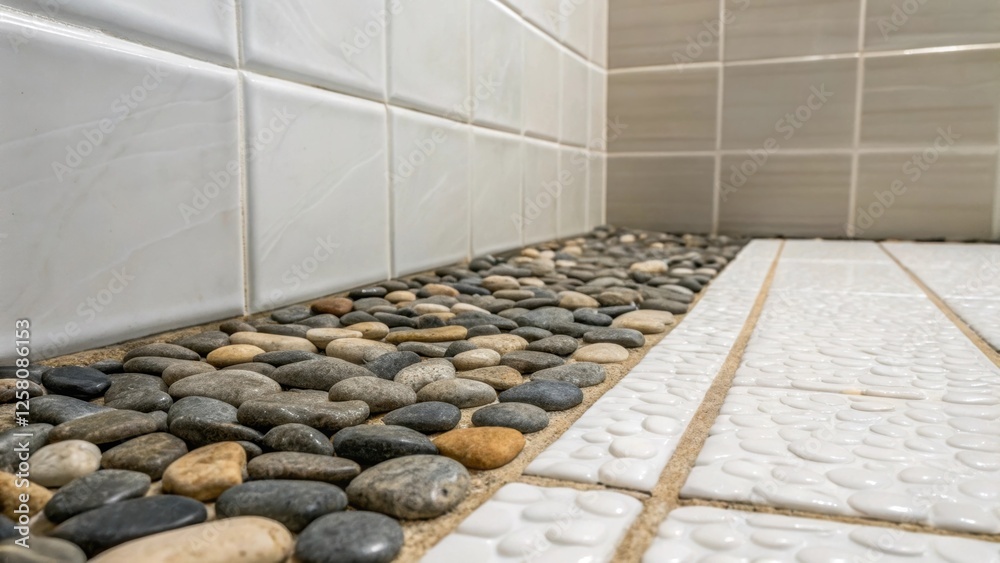 Poster A medium closeup focusing on the transition between the pebble shower floor and smooth tile walls showcasing the contrast of textures and colors.