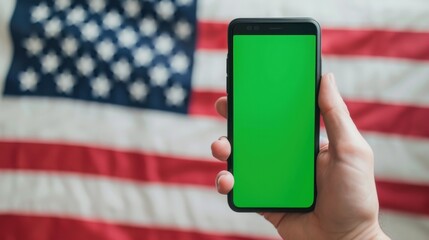 photograph of hand holding smartphone with green screen chromakey for mobile application mockup on background of USA flag.