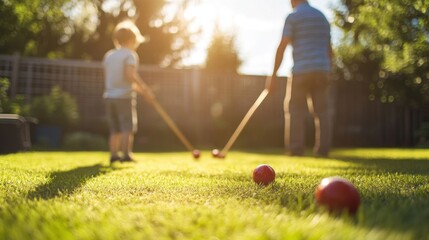 Father and son play croquet outdoors.