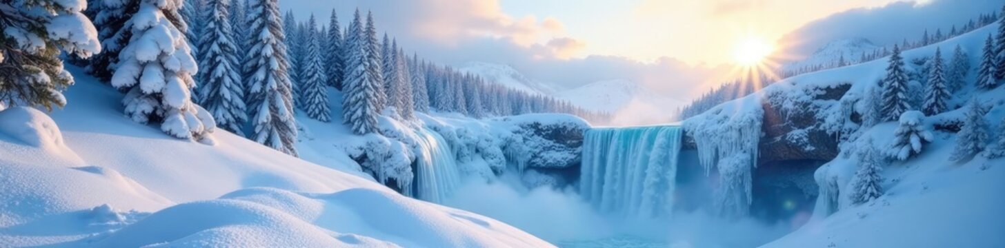 Snowy firn with a frozen waterfall in the background and clouds, frozen, snow, water