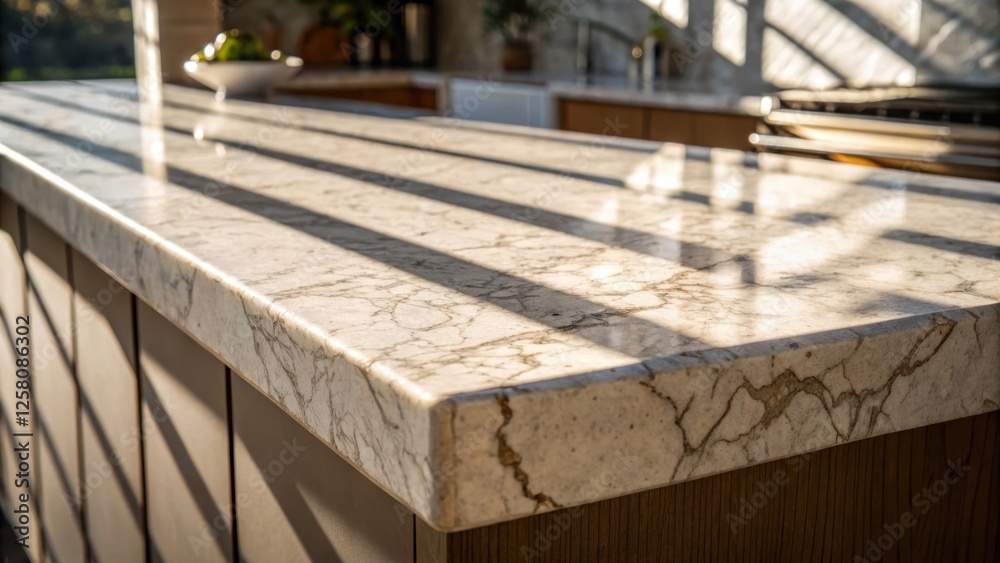 Poster A medium closeup highlights the interaction of natural light on a waterfalledge countertop casting dynamic shadows and showcasing the unique patterns of the stone.