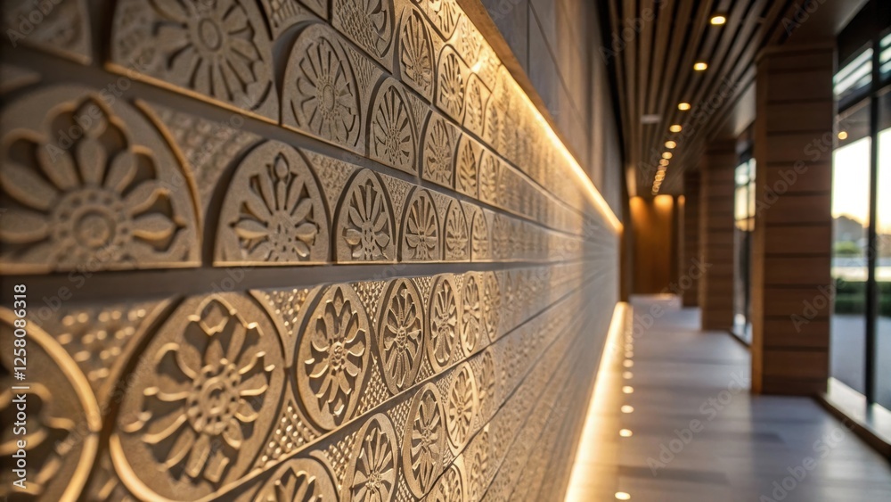 Poster A medium closeup highlighting the interplay of light and shadow across the textures of a finished feature wall creating visual depth.