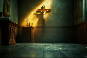 Naklejka premium Sunlit Chapel Crucifixion Scene