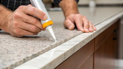 A medium closeup image featuring a pair of hands applying silicone adhesive to the edge of a granite countertop before installation.