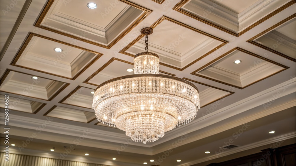 Poster a medium closeup image of a stylish chandelier hanging from a coffered ceiling its crystals shimmeri