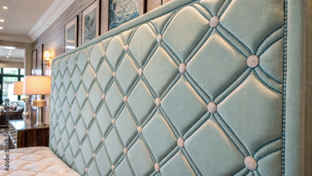 Poster a medium closeup of a beautifully patterned upholstered wall panel with a serene calming color palet