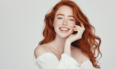 Fototapeta premium portrait of elegant pretty young woman with ginger long hair style in white clothes smiling posing on white background, pretty cute candid beauty portrait, natural look, face skin with freckles