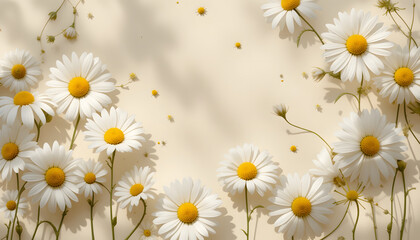 Daisies and shadows on beige background
