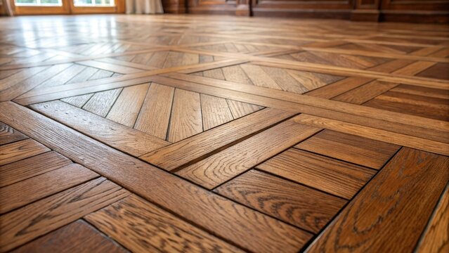 A medium closeup of a beautifully restored parquet floor made from salvaged wood highlighting the exquisite craftsmanship and natural finish.