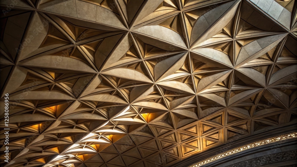 Poster A medium closeup of a ceiling adorned with geometric metallic shapes demonstrating how shadows and light interplay to enhance the architectural features.