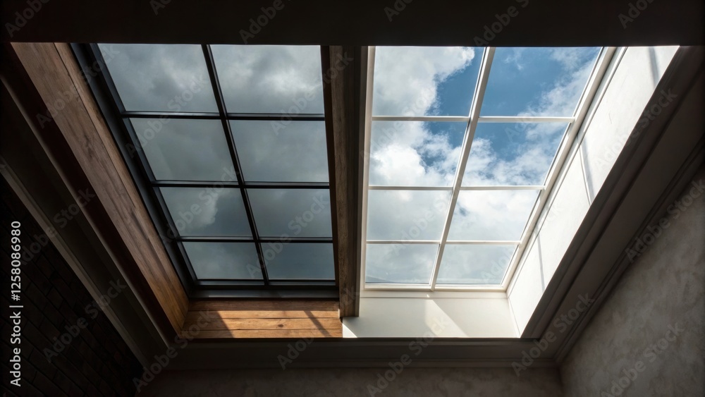 Poster a medium closeup of a ceiling before and after skylight installation displaying the stark contrast o