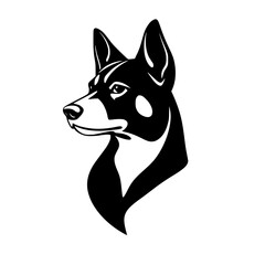 A sleek, stylized, black and white silhouette of a dog's head, showcasing a bold, minimalist design.