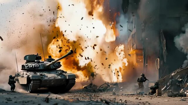 Intense combat scene unfolds as a tank navigates a devastated urban environment amidst explosions and gunfire, with soldiers engaging in fierce battle