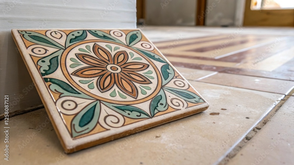 Poster a medium closeup of a ceramic tile made from recycled materials displaying intricate handpainted des