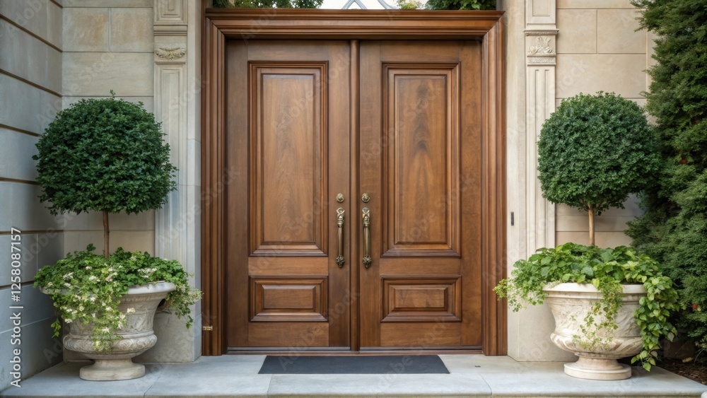 Poster a medium closeup of a classic double door with a rich walnut stain featuring elegant bronze handles 