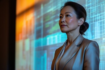 A young woman interacts with a futuristic, holographic interface displaying complex data and equations.