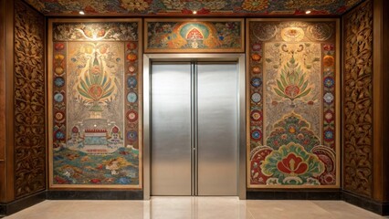 A medium closeup of a cleverly disguised sliding panel that blends with an ornate wall mural showcasing intricate details of the artwork with just a sliver of light revealing the