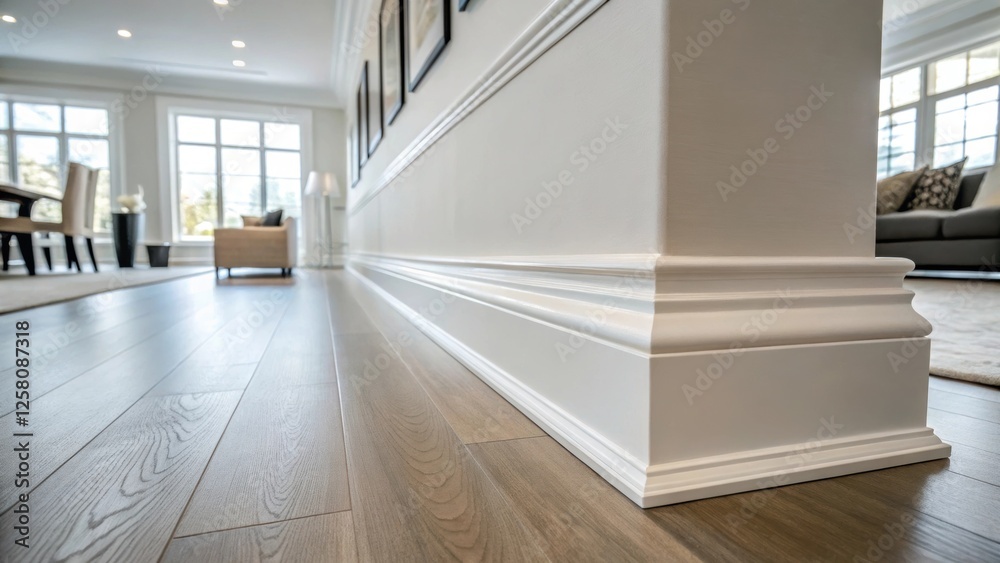 Poster a medium closeup of a completed row of baseboards in a bright modern room emphasizing their seamless
