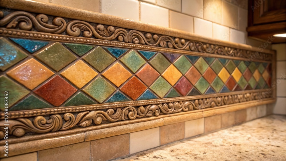 Poster a medium closeup of a completed tile backsplash featuring an ornate border catching the light that h
